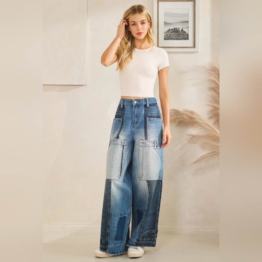 Oli & Hali Upside-Down Wide-Leg Jeans in Light & Dark Blue size Large - Picture 3 of 12